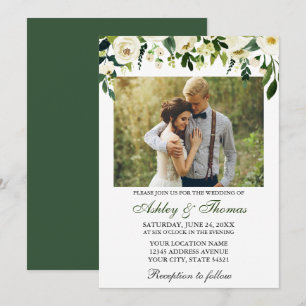 Wedding Watercolor Green White Floral Photo Invitation