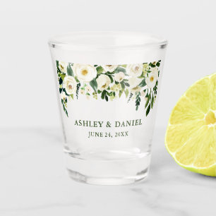 Wedding Watercolor Green White Floral Shot Glass