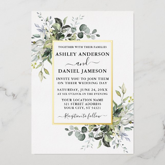 Wedding Watercolor Greenery Elegant Gold (Front)