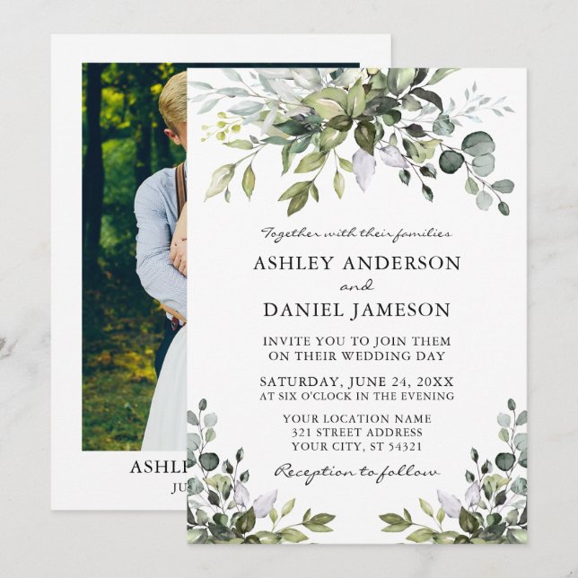 Wedding Watercolor Greenery Photo Invitation (Front/Back)