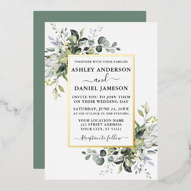 Wedding Watercolor Greenery Sage Green Gold (Front/Back)
