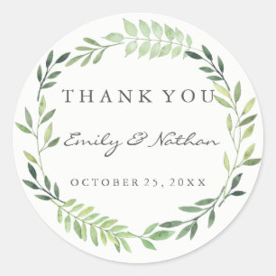 Wedding Watercolor Leaf Wreath Thank You Sticker