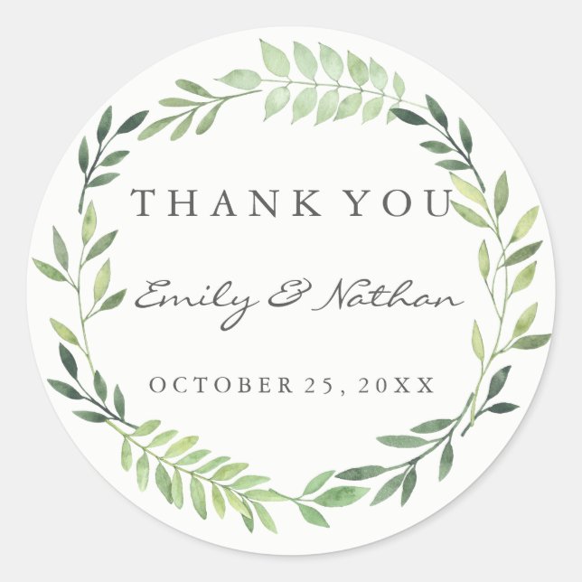 Wedding Watercolor Leaf Wreath Thank You Sticker (Front)