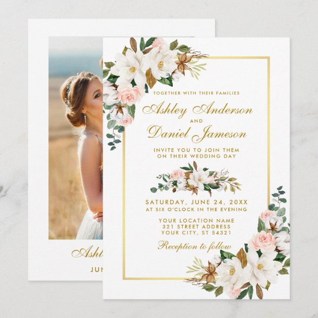 Wedding Watercolor Magnolias Roses Photo Gold Invitation (Front/Back)