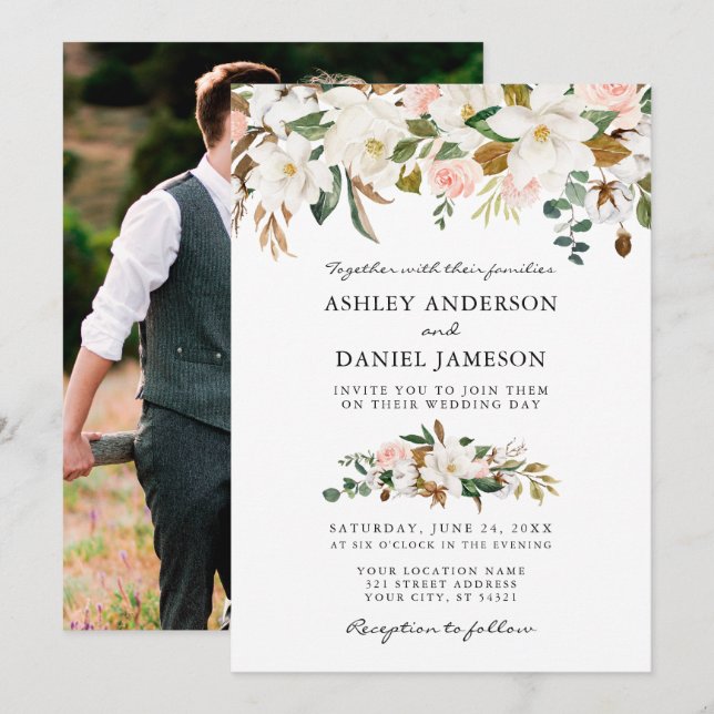 Wedding Watercolor Magnolias Roses Photo Invitation (Front/Back)