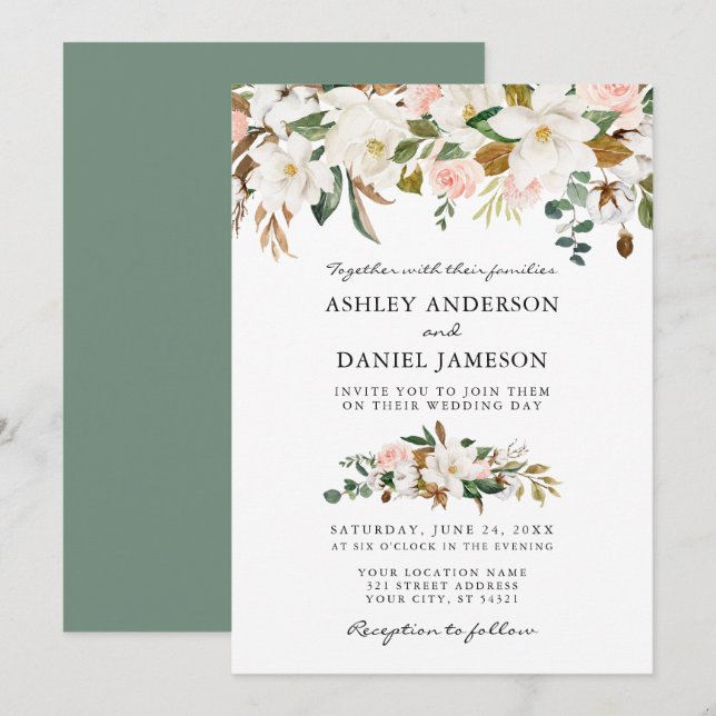 Wedding Watercolor Magnolias Roses Sage Green Invitation (Front/Back)