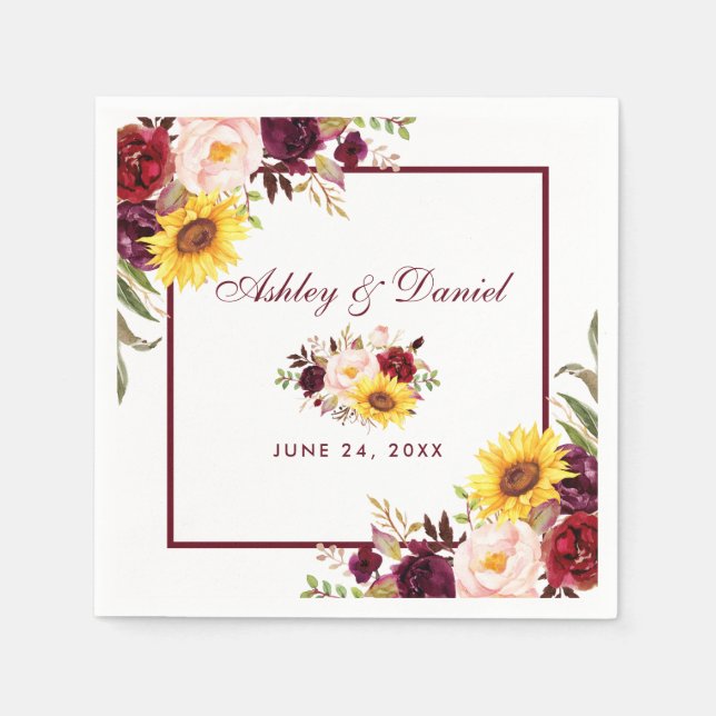 Wedding Watercolor Mixed Floral Burgundy Frame Napkin (Front)