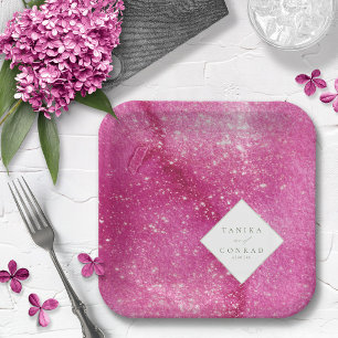 Wedding Watercolor Names Fuchsia ID954 Paper Plate
