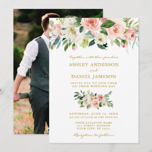 Wedding Watercolor Pink Floral Gold Photo Invitation