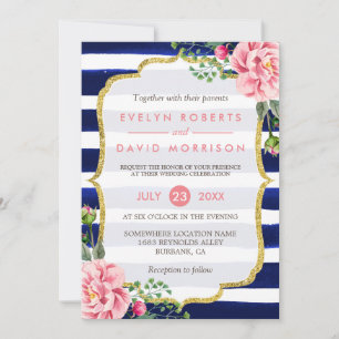 Wedding Watercolor Pink Floral Navy Blue Stripes Invitation