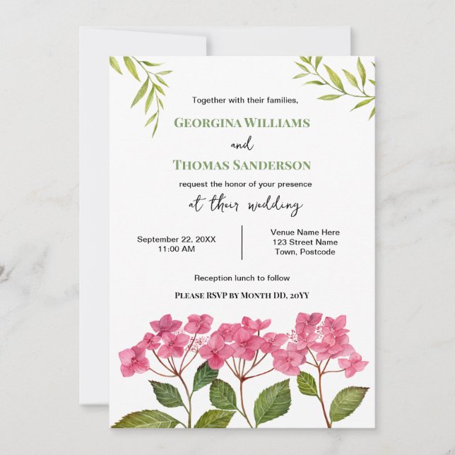 Wedding Watercolor Pink Hydrangea Lacecaps Invitation (Front)