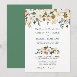 Wedding Watercolor Pink Roses White Magnolias Invitation