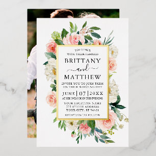 Wedding Watercolor Pink White Floral Photo Gold
