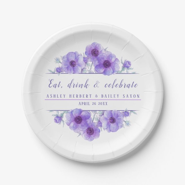 Wedding watercolor purple anemone paper plate (Front)