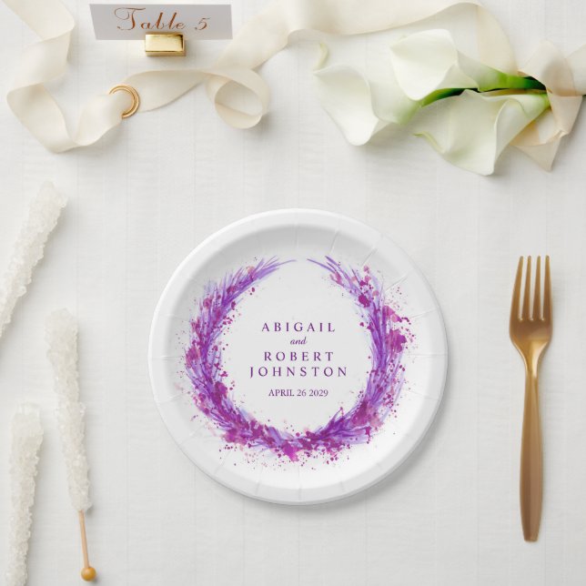 Wedding watercolor purple wreath names paper plate (Wedding)