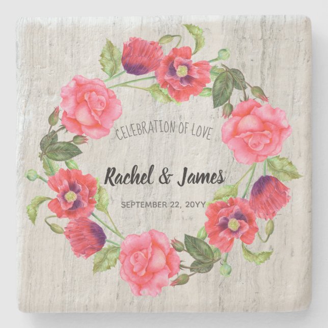 Wedding Watercolor Red and Pink Flowers Wreath Stone Coaster (Front)