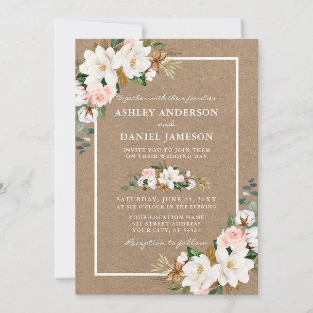 Wedding Watercolor Roses White Magnolias Kraft Invitation (Front)