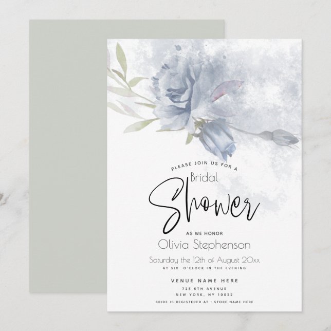 Wedding | Watercolor Rustic Dusty Blue Roses Invitation (Front/Back)