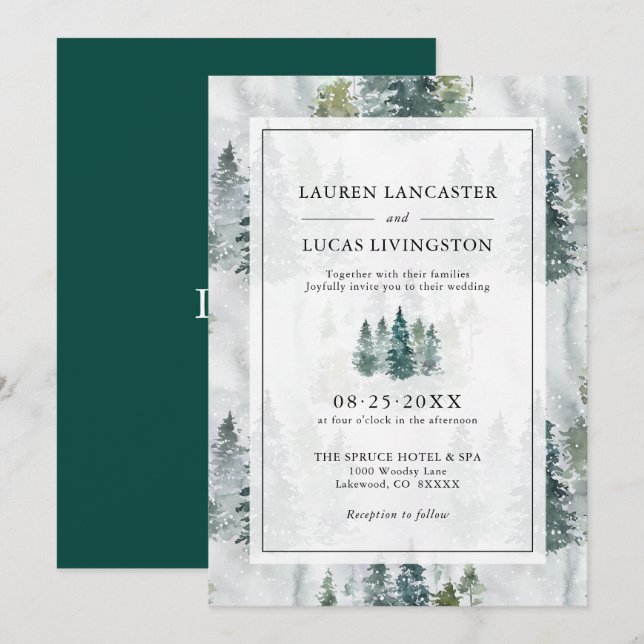 Wedding Watercolor Rustic Pine Trees Deep Green In Invitation (Front/Back)