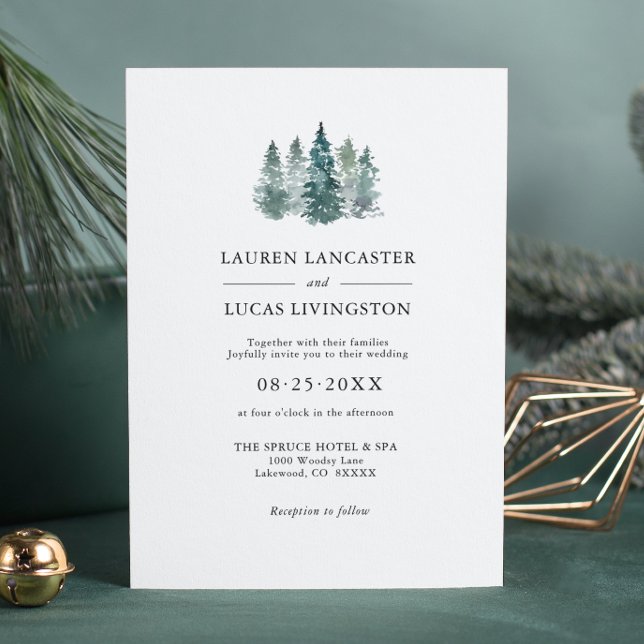 Wedding Watercolor Rustic Pine Trees Deep Green Invitation (Creator Uploaded)