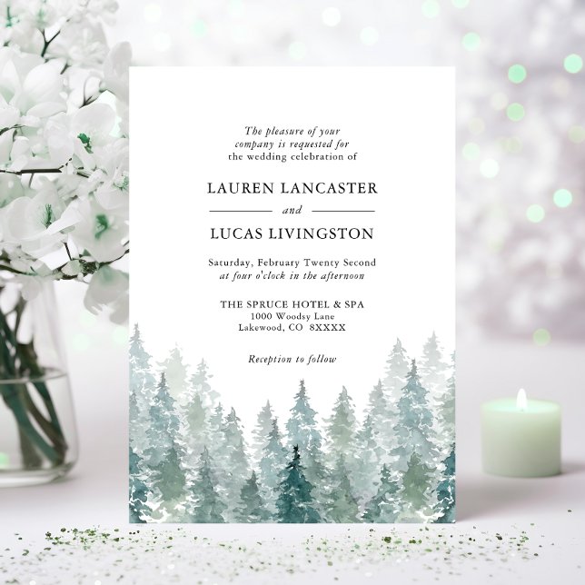 Wedding Watercolor Rustic Pine Trees Forest Green Invitation (Wedding Watercolor Rustic Pine Trees Forest Green Invitation)