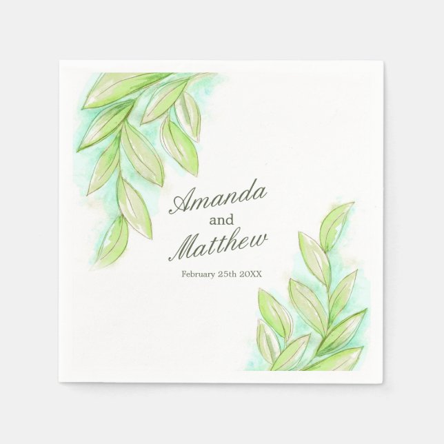Wedding watercolor spring leaves green custom napkin (Front)
