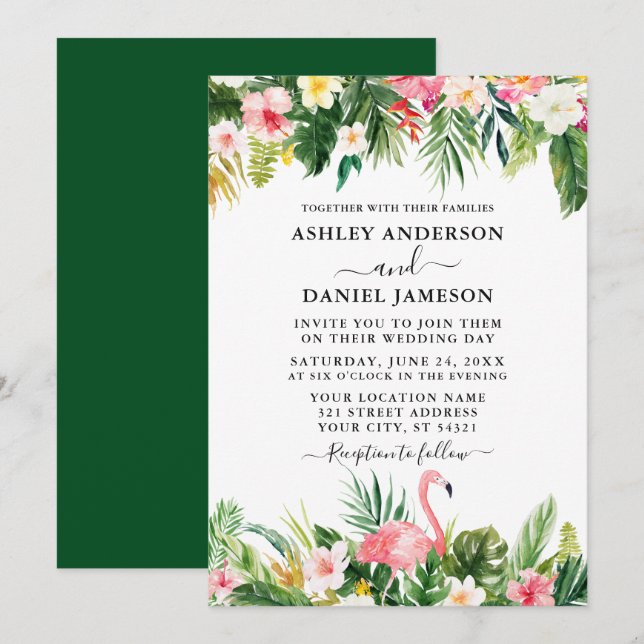 Wedding Watercolor Tropical Floral Flamingo Green Invitation (Front/Back)