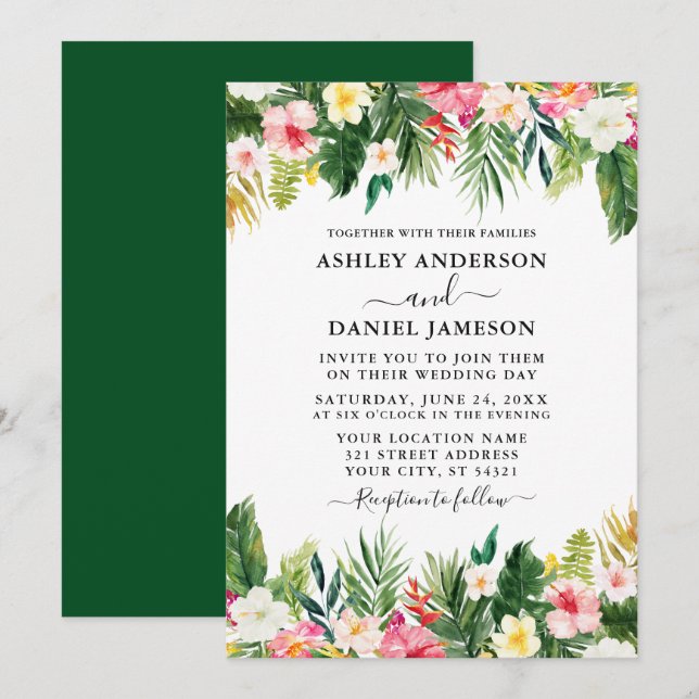 Wedding Watercolor Tropical Floral Greenery Green Invitation (Front/Back)