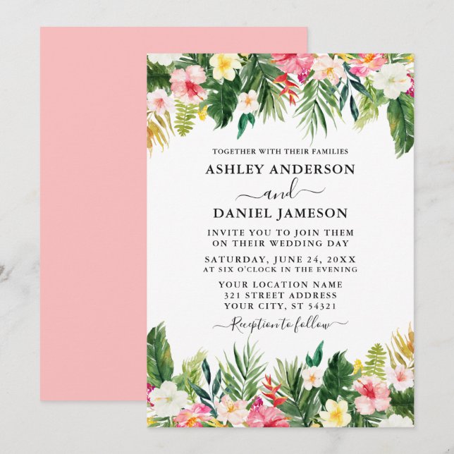 Wedding Watercolor Tropical Floral Greenery Pink Invitation (Front/Back)