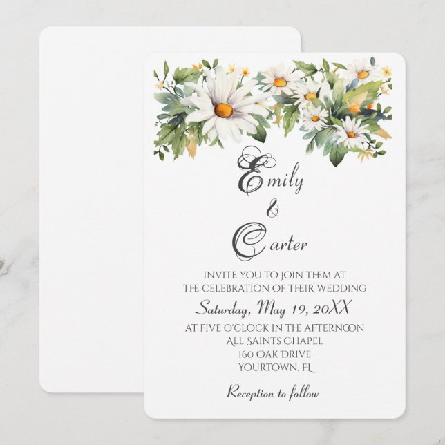 Wedding Watercolor White Daisies Invitation (Front/Back)