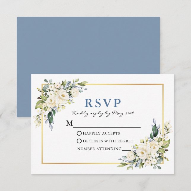 Wedding Watercolor White Floral Dusty Blue RSVP Card (Front/Back)