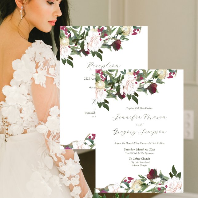 Wedding Watercolor White Roses with Cranberry Invitation (Wedding Watercolor White Roses with Cranberry Elegant Invitation)