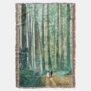 Wedding Watercolor woodland landscape with forest Throw Blanket