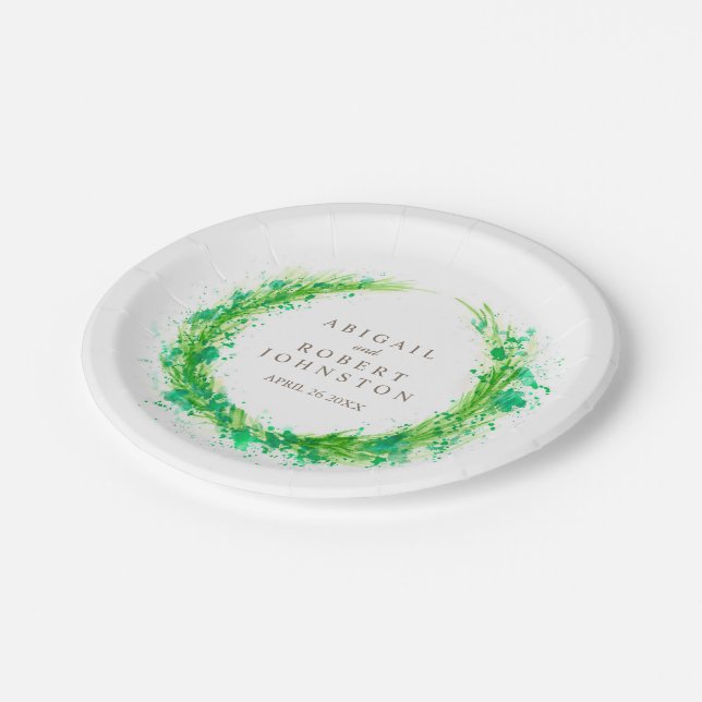 Wedding watercolor wreath personalised paper plate (Angled)
