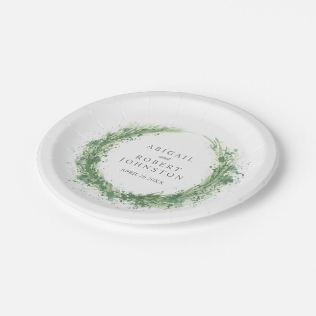 Wedding watercolor wreath personalised sage green paper plate (Angled)