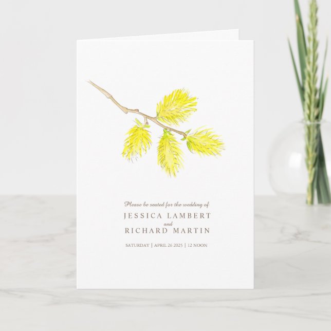 Wedding watercolor yellow willow catkins folded programme (Front)