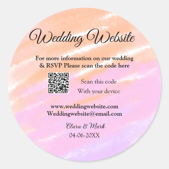 Wedding website add Q R code scan add name date ye Classic Round Sticker (Front)