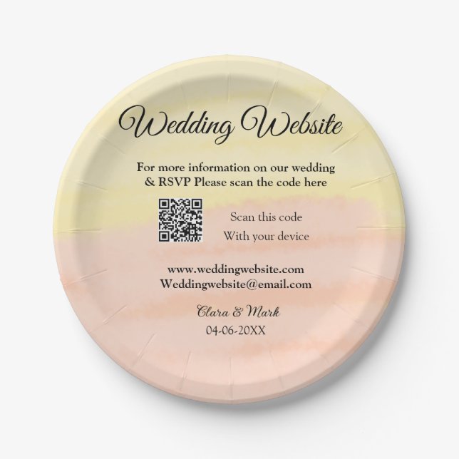 Wedding website add Q R code scan add name date ye Paper Plate (Front)