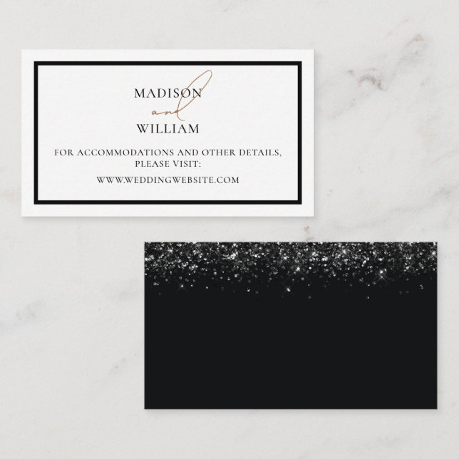 Wedding Website Black design with Glitter details  Place Card (Front/Back)