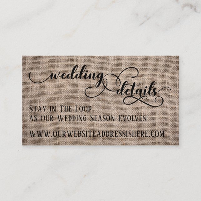 Wedding Website Details Burlap & Elegant Script Enclosure Card (Front)
