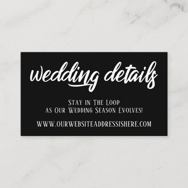 Wedding Website Details in Elegant Script, Black Enclosure Card (Front)