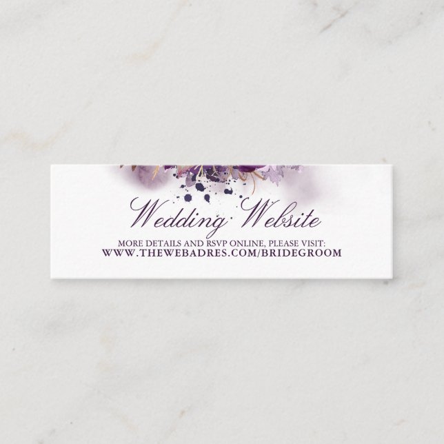Wedding Website Eggplant Purple Flowers Mini Business Card (Front)