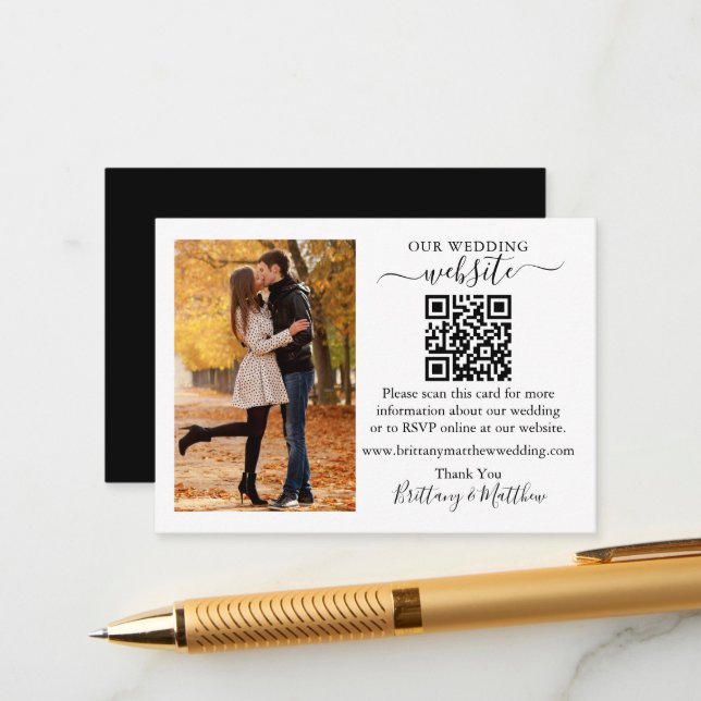 Wedding Website Minimalist QR Photo Black White Enclosure Card (Front/Back In Situ)