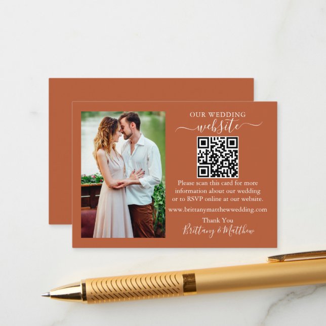 Wedding Website Minimalist QR Photo Terracotta Enclosure Card (Front/Back In Situ)