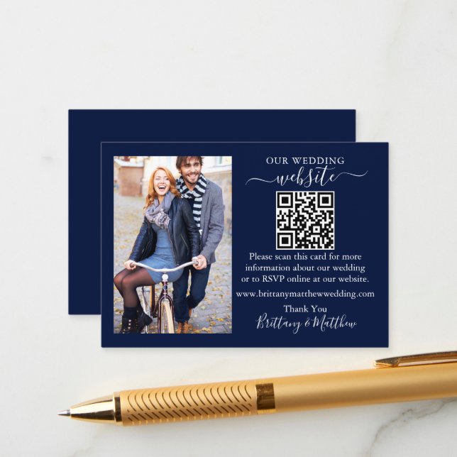 Wedding Website Minimalist Simple QR Photo Blue Enclosure Card (Front/Back In Situ)