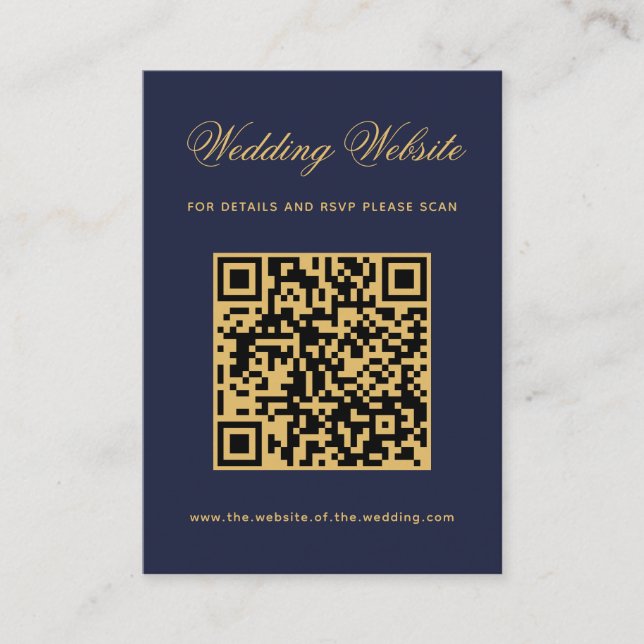 Wedding Website Navy Blue Gold QR Code Calligraphy Enclosure Card (Front)