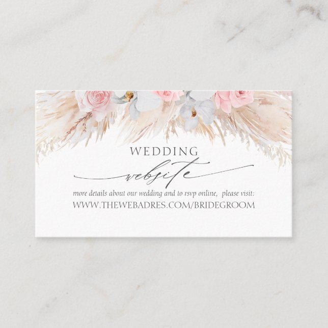 Wedding Website Pastel Tropical Flowers & Pampas Business Card (Front)