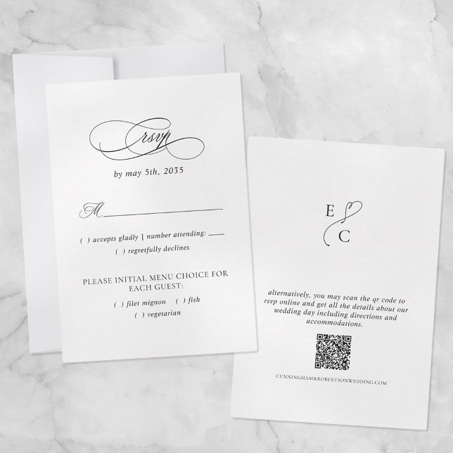 Wedding Website QR Code Black & White Meal Choice  RSVP Card (Creator Uploaded)
