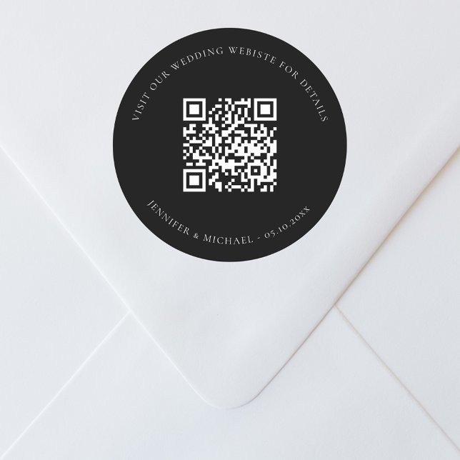 Wedding website QR code details rsvp black Classic Round Sticker (Creator Uploaded)