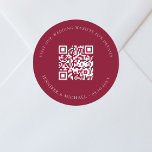 Wedding website QR code details rsvp burgundy Classic Round Sticker<br><div class="desc">Add your url for your wedding website.  For information,  details,  online rsvp.  A burgundy coloured background,  white text.</div>
